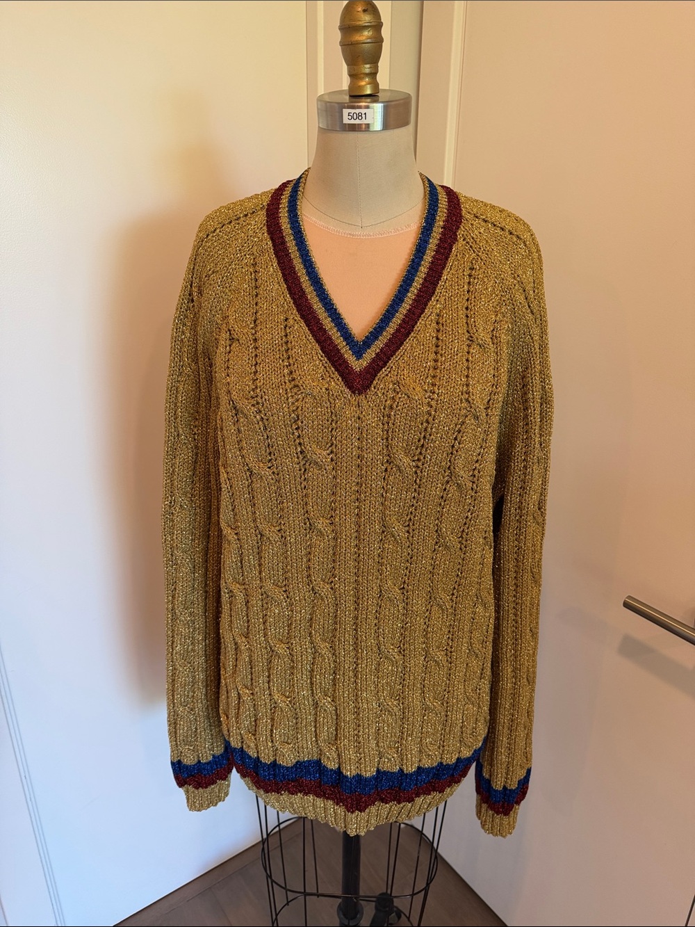 Gucci Gold Cable Knit V-Neck Sweater with Blue and Burgundy Trim